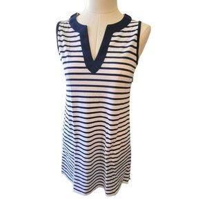 Lands' End Dress Blue White Stripe V-neck Sleeveless Cotton Womans Small DH465